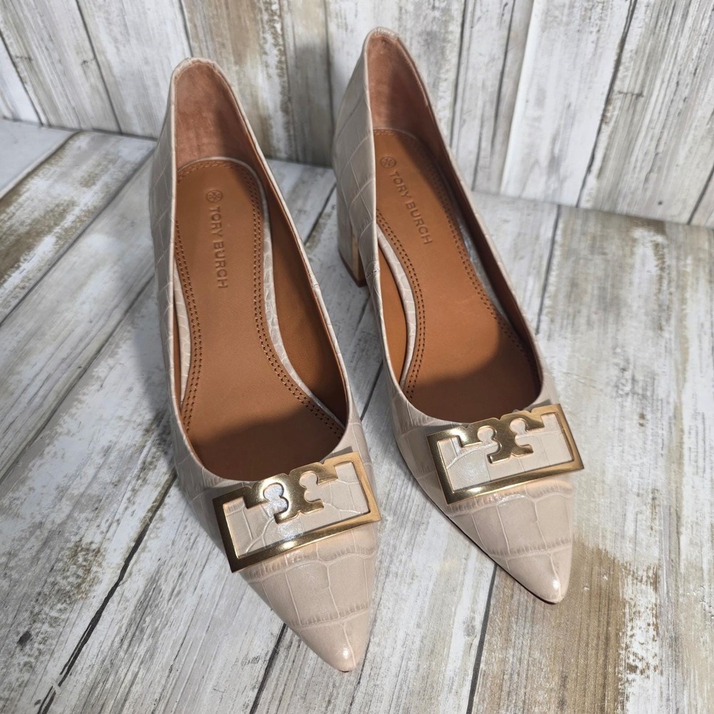 Tory Burch Eleanor Beige Croc Embossed Leather Pointed Toe Block Heel Pumps 5M - Picture 5 of 15